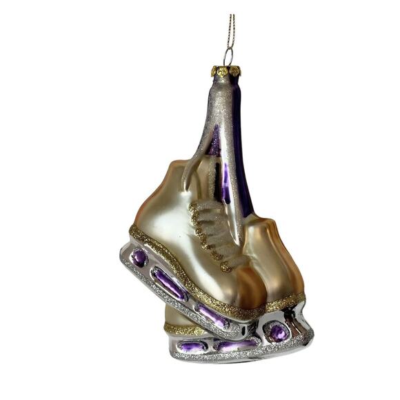 Blown Glass Pair of Gold Ice Skates Christmas Ornament Ice Skating Holiday BRN - Picture 2 of 7